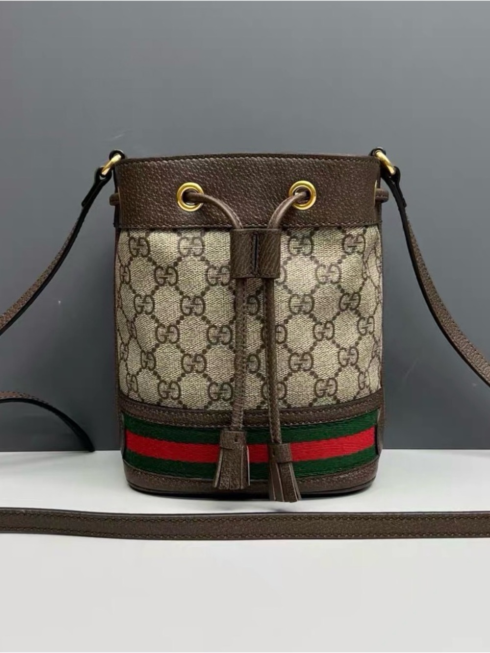 Gucci Brown GG Supreme Canvas Crossbody with Green and Red Web Stripe